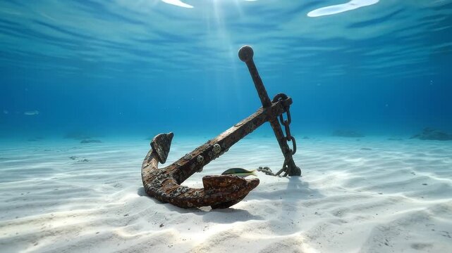Heavily rusted iron ship anchor half-buried in white ribbed sand at the bottom of clear blue ocean as sun rays pierce the water surface