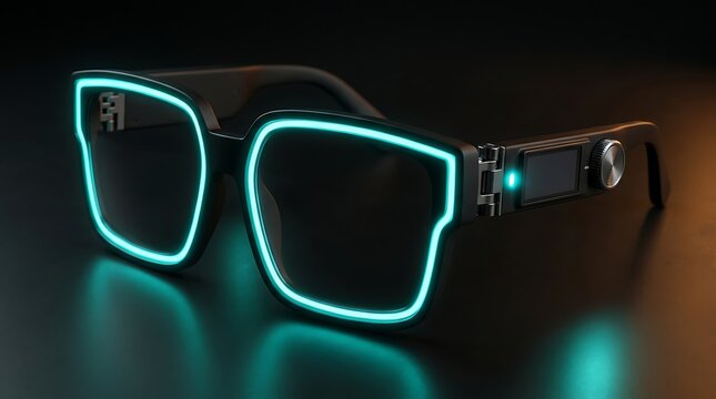 Futuristic smart glasses with glowing neon blue frames and integrated screen display advanced augmented reality technology.