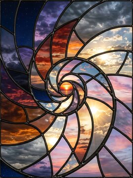 Fibonacci spiral stained glass artwork depicting a colorful sunset and night sky transitioning, used for abstract backgrounds and creative design elements.