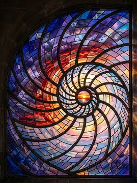 Grand spiral stained glass window featuring a majestic sunset and starry expanse, perfect for architectural accents and dramatic visual backdrops.