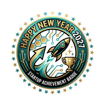 Teal and gold rocket achievement badge for startup success with tech elements for happy new year 2027 celebration.