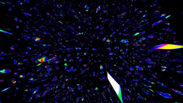 黒背景で多彩なプリズム光片が爆発する横型抽象動画