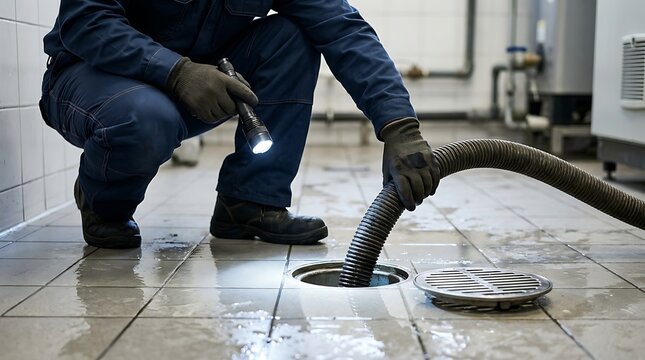 Plumber inspects drain with flashlight holding hose for cleaning clogged sewer pipe in dirty industrial room floor with water.