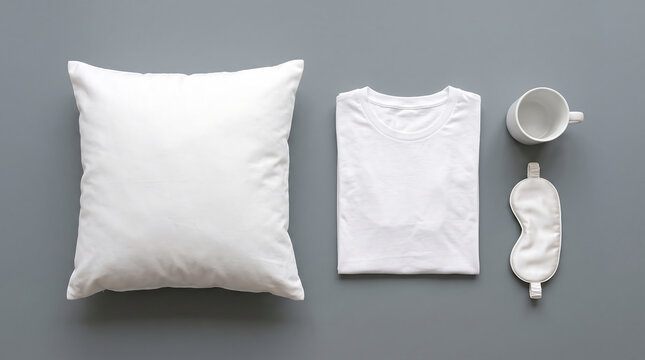 Minimalist branding mockup set featuring a blank t-shirt, ceramic mug, pillow cushion, and eye mask in a clean studio flat lay top view