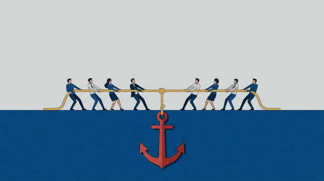 Business team pulling a rope attached to a large anchor
