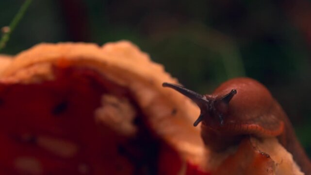 A slug moving his tentacles around on a mushroom in the woods