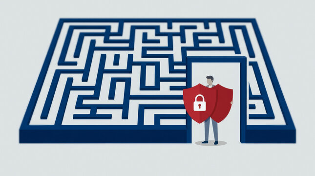 Businessman holding a red shield with a padlock icon in front of a maze