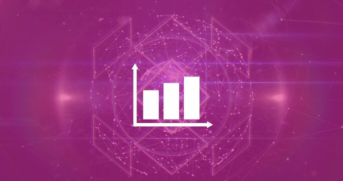 Displaying centered white bar chart icon on magenta gradient with hexagonal network, particles