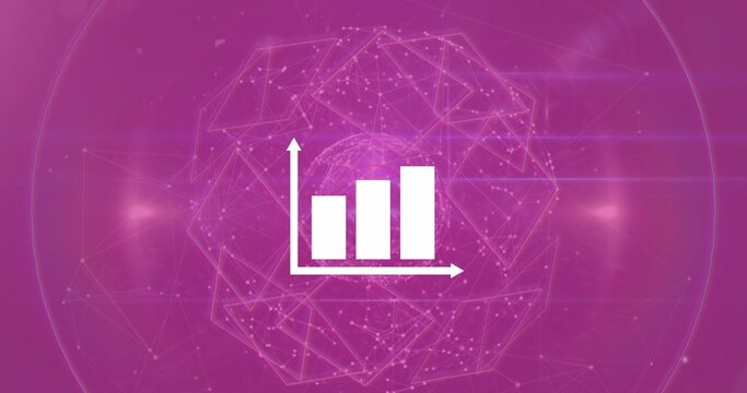 Displaying white bar chart icon over magenta-violet tech background, with wireframe sphere