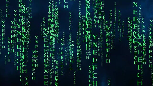 Green digital letters cascading on a dark blue background, futuristic matrix code rain with glowing alphabet characters for cybersecurity, programming, hacking and sci-fi motion graphics
