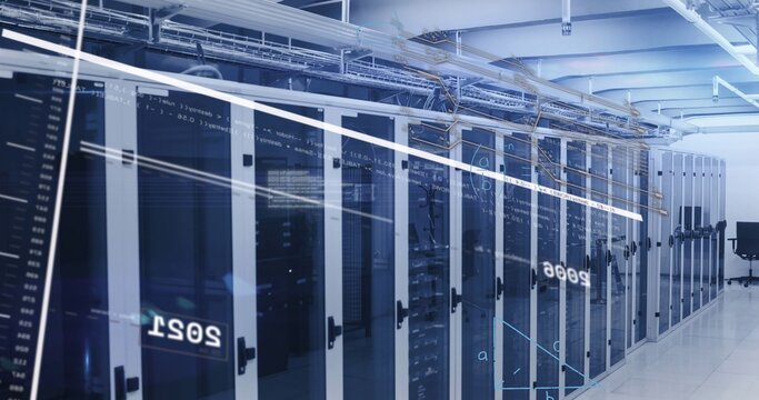 Glowing glass-fronted server racks reflecting code overlays in data center, with cable trays