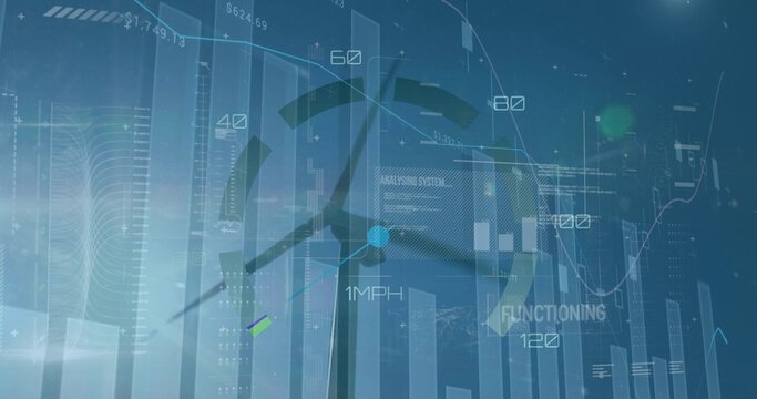 Displaying wind turbine silhouette rotating in monitoring dashboard, with radial gauge and charts