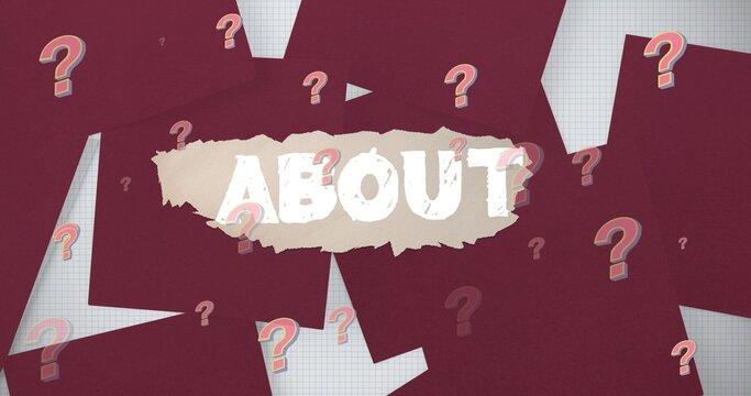 Showing torn beige paper ABOUT on web header, showing blue grid, maroon shapes, question marks