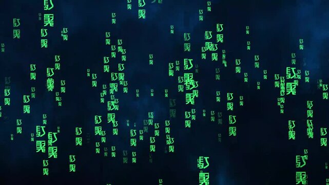 Futuristic green digital code rain on dark blue background, glowing computer symbols cascading vertically in a cyber matrix style for hacking, programming, cybersecurity and sci-fi motion graphics