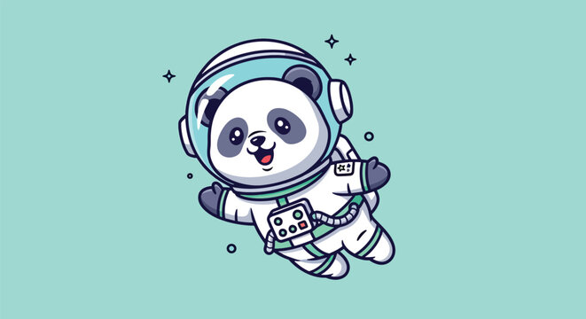 Cute cartoon panda astronaut floating in space vector illustration.