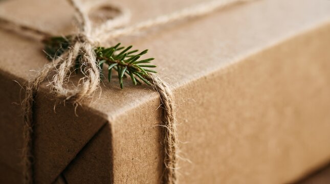 Cardboard box wrapped with twine and pine sprig holiday gift packaging