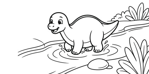 Adorable cartoon long neck dinosaur splashing happily in a shallow river © MdShahid