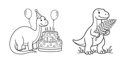 Cheerful cartoon dinosaurs celebrating a birthday and holding a fern leaf © MdShahid