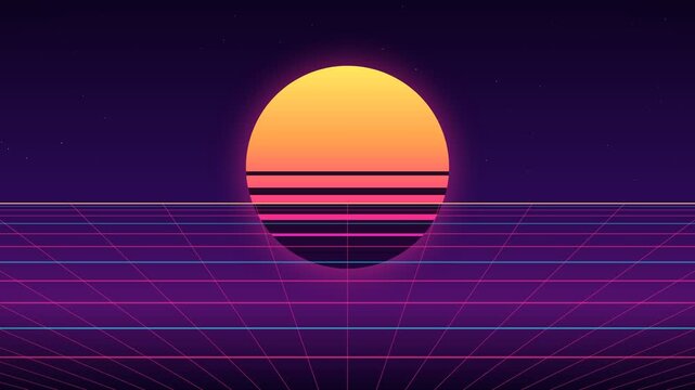 Synthwave Retro Background, Neon Sun and Grid, Seamless Loop