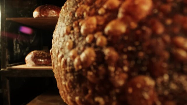 Freshly baked sourdough bread displays crackled crust and rustic appearance. Artisan bakery product reflects natural fermentation and preparation