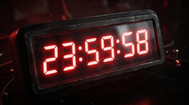 Retro Digital Clock Displaying 23 59 58 With Red Neon Numbers In Dark Moody Setting