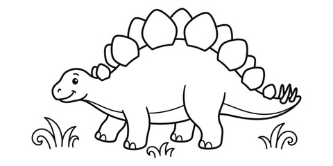 Friendly cartoon Stegosaurus walking through grassy prehistoric terrain © MdShahid