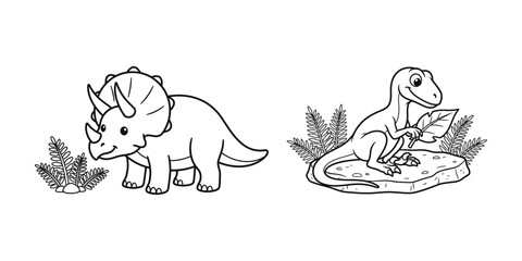 Cartoon Triceratops eating plants and a raptor holding a fern © MdShahid