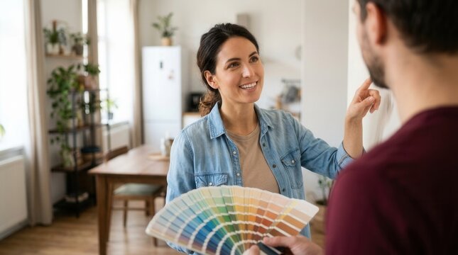 Woman selecting house paint colors while an interior designer presents a color fan deck