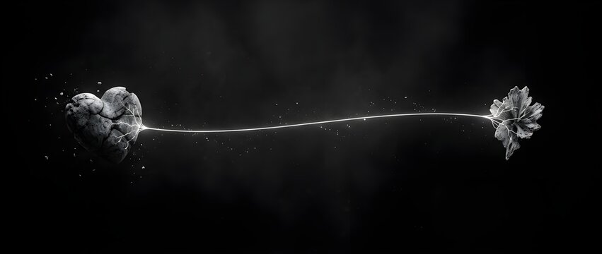 Cracked stone heart connected by glowing light beam to blooming flower on black