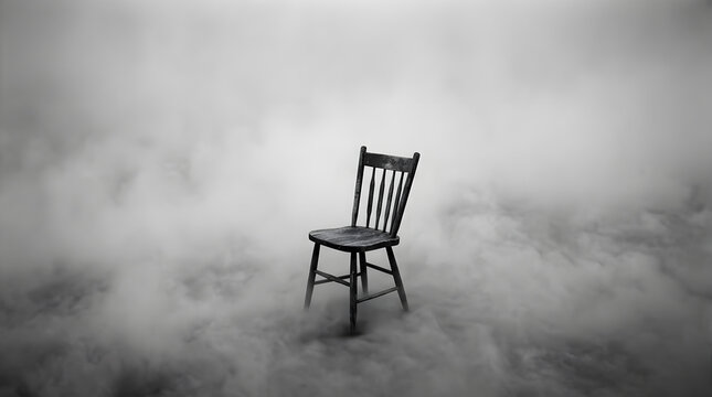Old wooden chair standing alone in thick white fog on dark ground surface