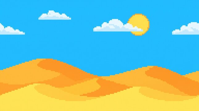16-bit pixel art illustration of simple yellow desert sand dunes seamless parallax game background.