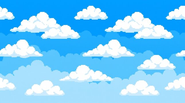 16-bit pixel art illustration of a simple classic blue sky with white clouds seamless parallax game background.
