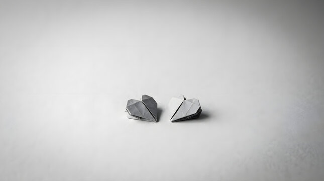 Two small grey paper origami hearts placed on a plain white studio background