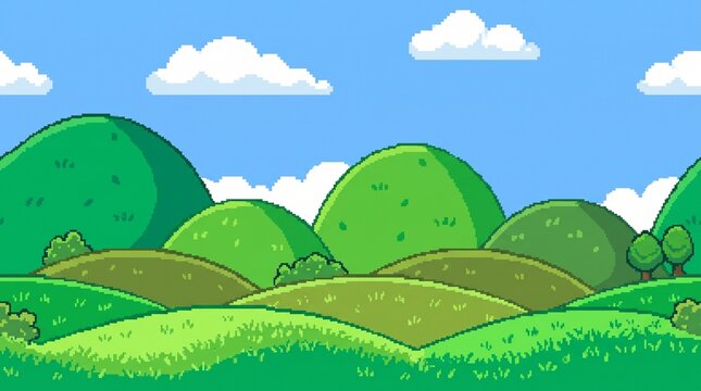 16-bit pixel art illustration of simple green hills and blue sky seamless parallax game background.