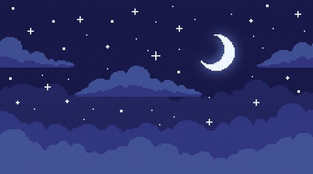 16-bit pixel art illustration of a simple starry night sky with a crescent moon seamless parallax game background.