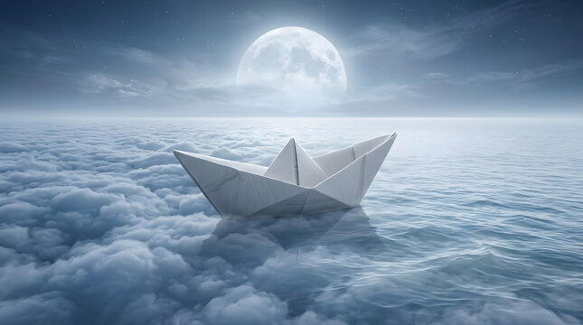 Paper boat floating on cloud sea under moonlight