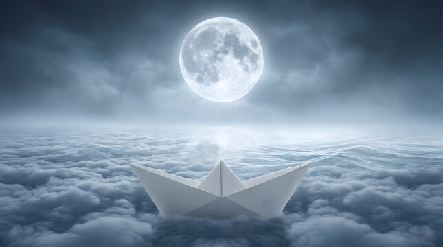 White paper boat floating on soft clouds under a bright full moon night