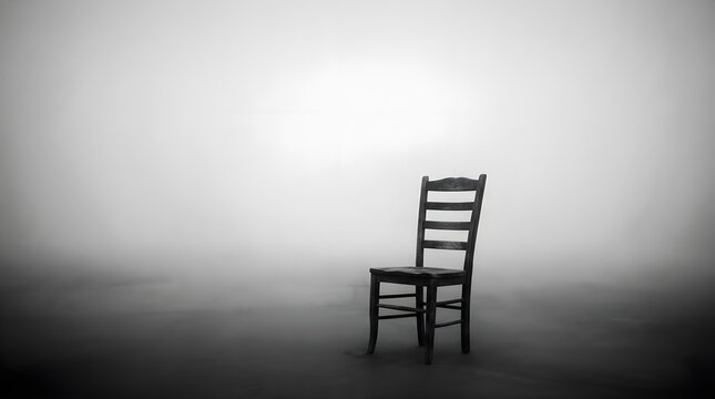 Lone wooden chair abandoned in foggy misty atmosphere