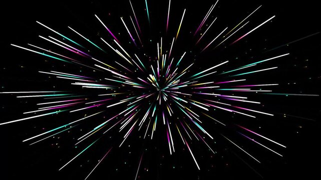 Abstract hyperspace warp speed effect with colorful neon light streaks and particles