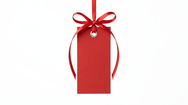 Red gift tag with ribbon isolated on white background