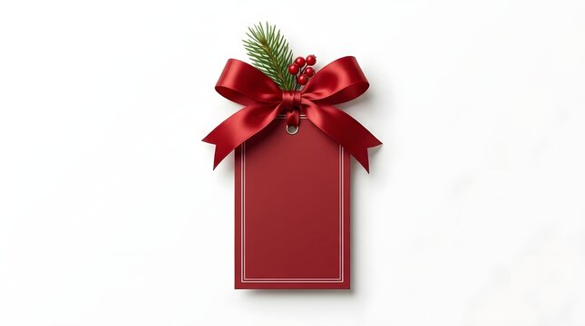 Red gift tag with bow and pine branch isolated on white background