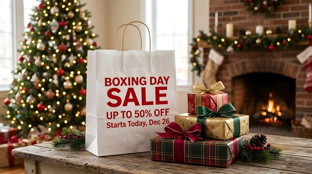 Boxing day sale shopping bag with christmas gifts on a wooden table