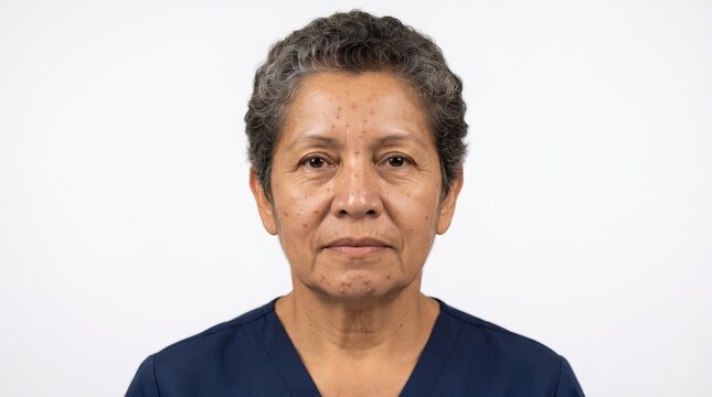Portrait of a mature Hispanic woman in scrubs with facial skin lesions papules or cystic acne