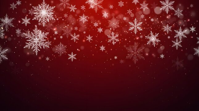 Abstract red background with falling snowflakes and bokeh light effects