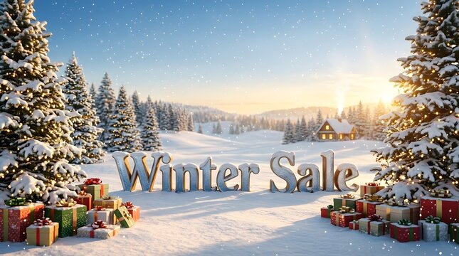 Winter sale sign in snowy landscape with christmas trees and gifts