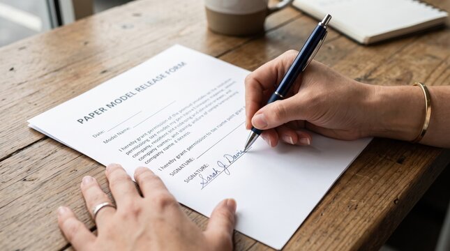Woman signing a paper model release form document on a wooden table with a pen and a mug