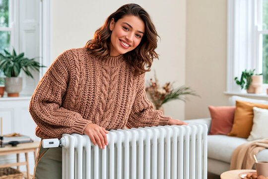 Smiling woman standing beside a radiator in a cozy home while checking indoor heating during the cold season