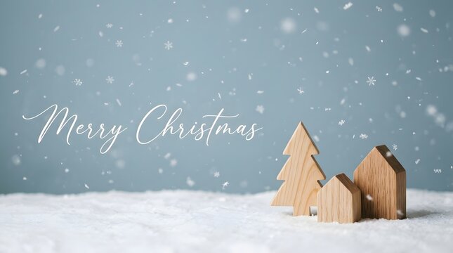 Merry christmas card with wooden houses and tree in snow