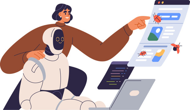 Automated software testing, QA concept. AI in quality&nbsp;assurance. Robot tester finding, searching program bugs, mistakes. Debugging automation. Flat vector illustration isolated on white background.