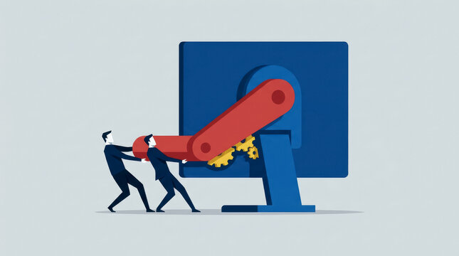 Two businessmen pulling a large red mechanical arm
